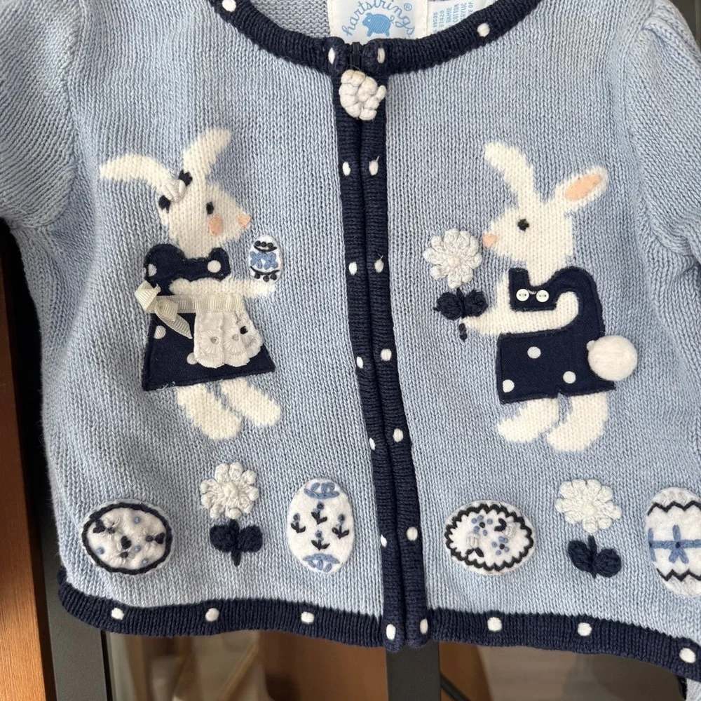 Vintage Harstrings bunny Easter eggs Intarsia knit cardigan sweater toddler girl